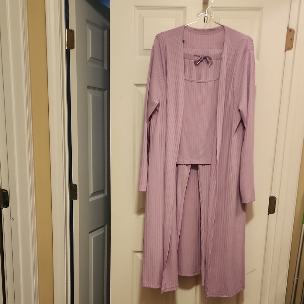 Women's Lavender Ribbed Sleepwear Set - 3-Piece Lounge Robe, Tank & Pants